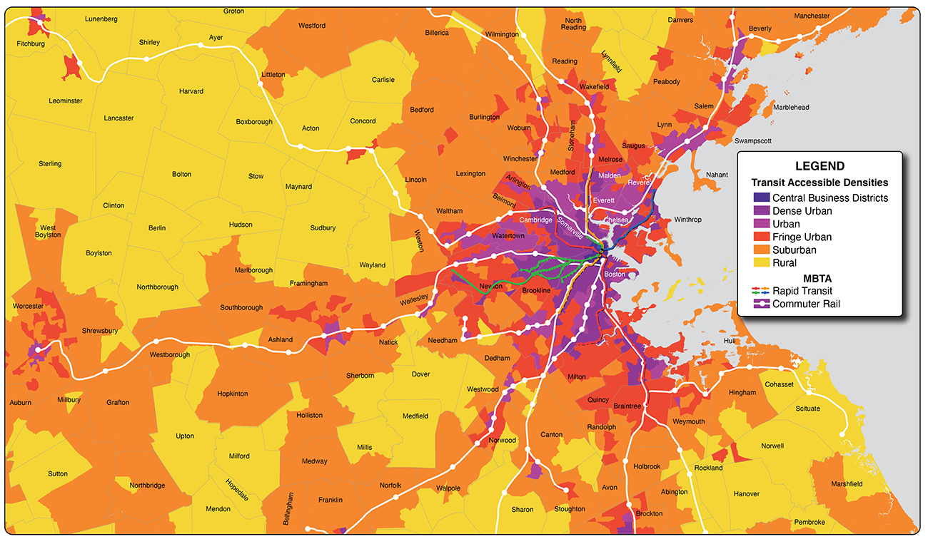 Figure 2. Transit Accessible Densities-Based Area Types (Eastern Massachusetts) with Major MBTA Transit System
This figure shows different area types and location of major transit lines in the Eastern Massachusetts Area.
Figure 2. Transit Accessible Densities-Based Area Types (Eastern Massachusetts) with Major MBTA Transit System
This figure shows different area types and location of major transit lines in the Eastern Massachusetts Area.